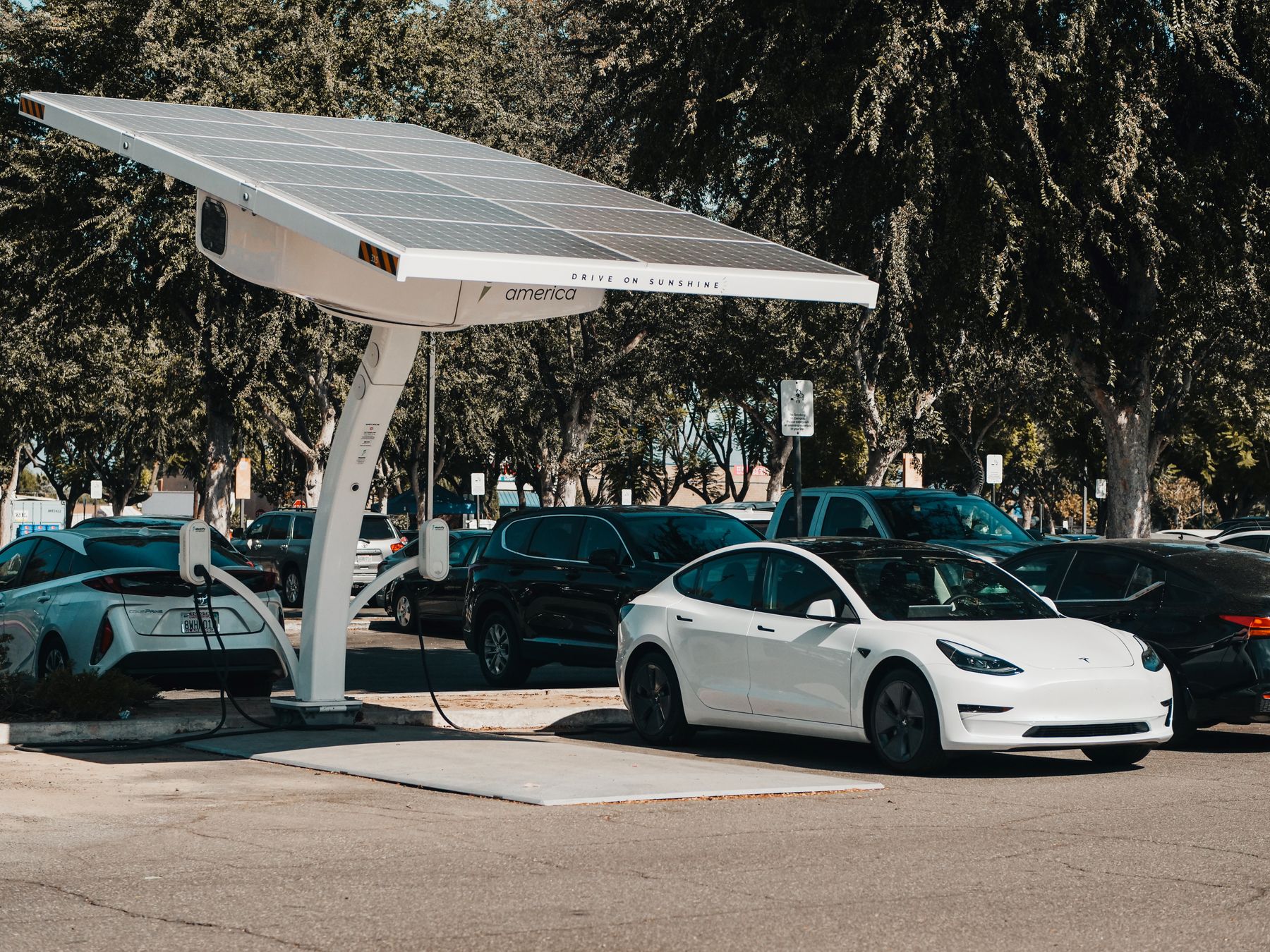 Stazione di ricarica con pensilina fotovoltaica e veicoli elettrici in sosta
