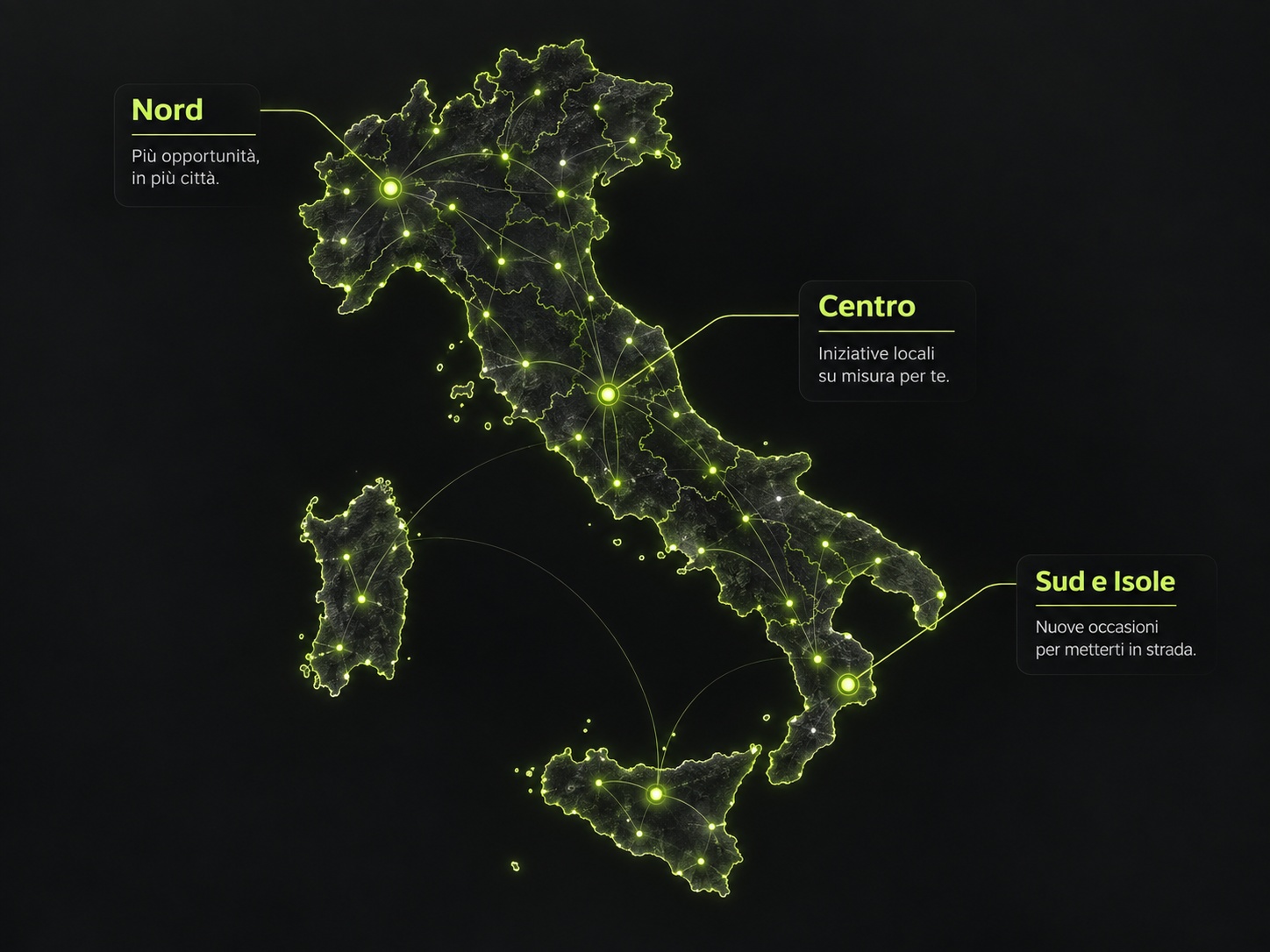 Mappa dell’Italia con aree Nord, Centro e Sud e Isole